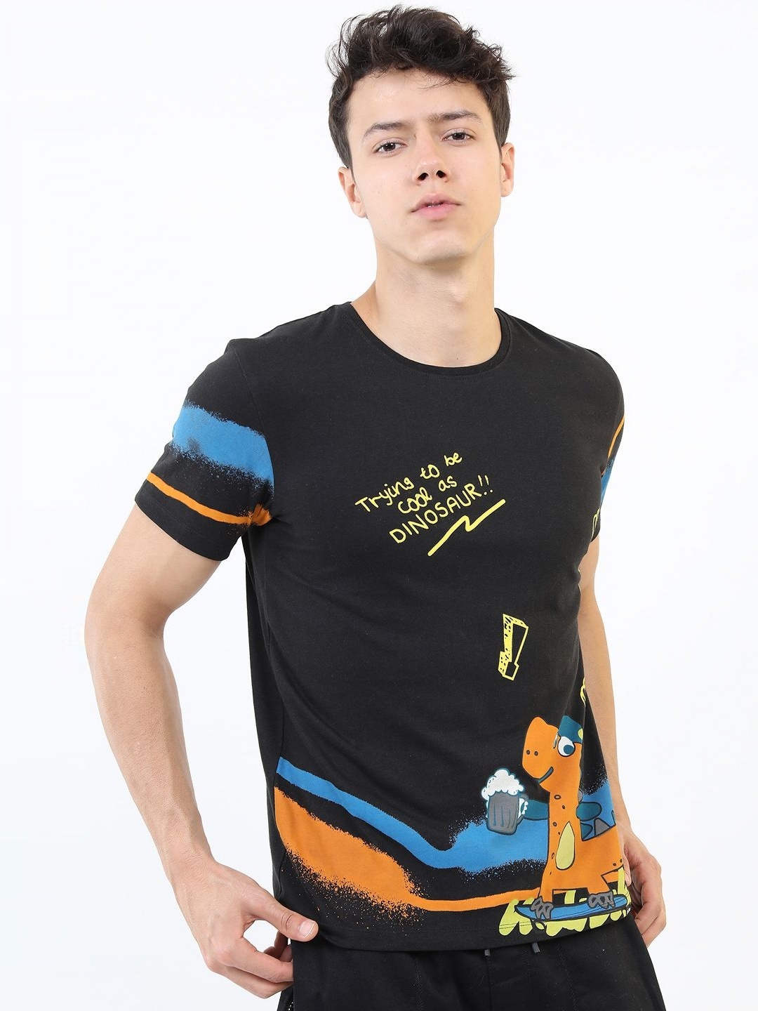 

HIGHLANDER Men Printed V-Neck Applique Slim Fit T-shirt, Black