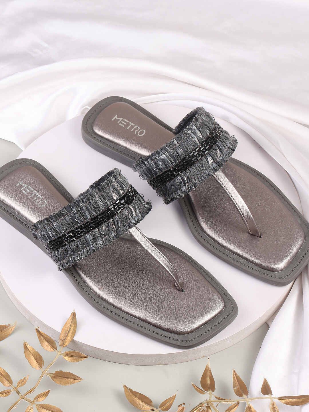 

Metro Women Embellished T-Strap Flats, Grey