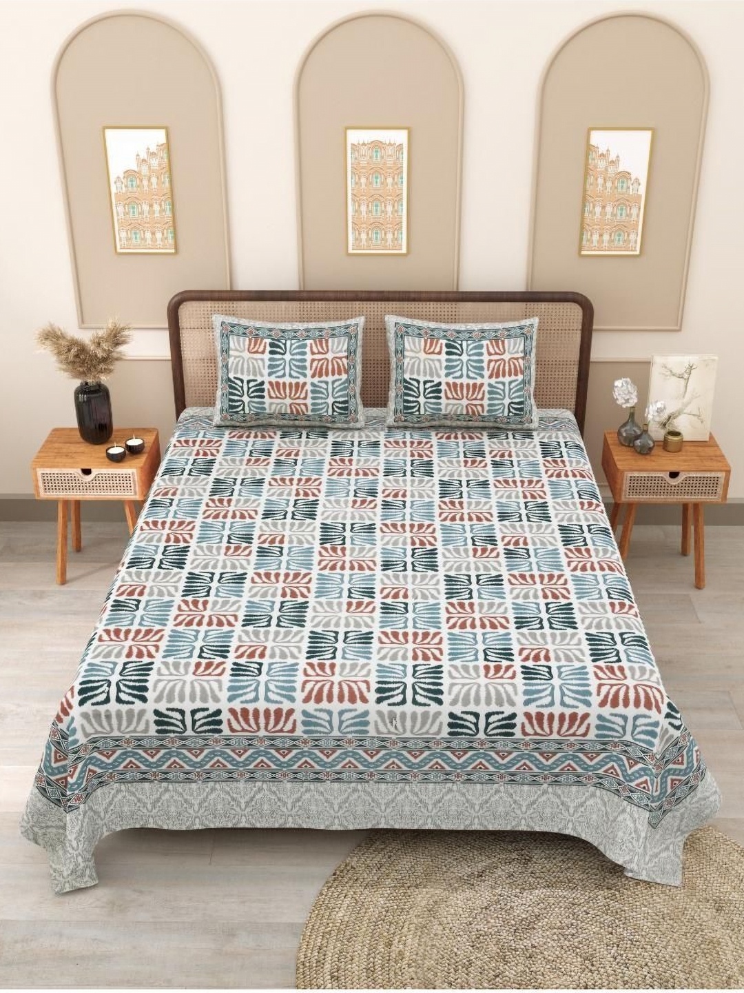 

Block Print Story Blue & Grey Geometric 210 TC Queen Bedsheet with 2 Pillow Covers