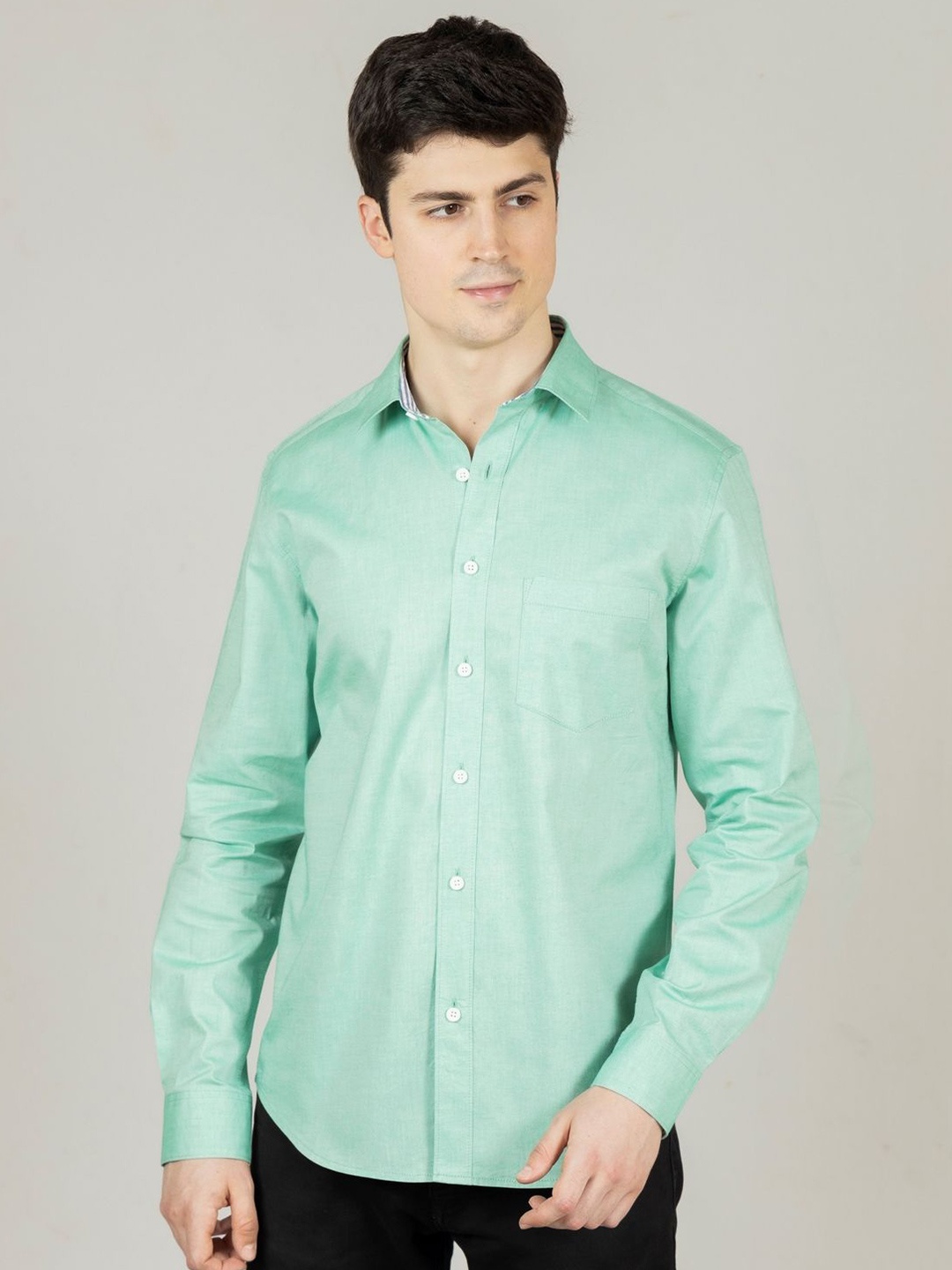 

OZMOD Men Modern Spread Collar Solid Cotton Slim Fit Casual Shirt, Green