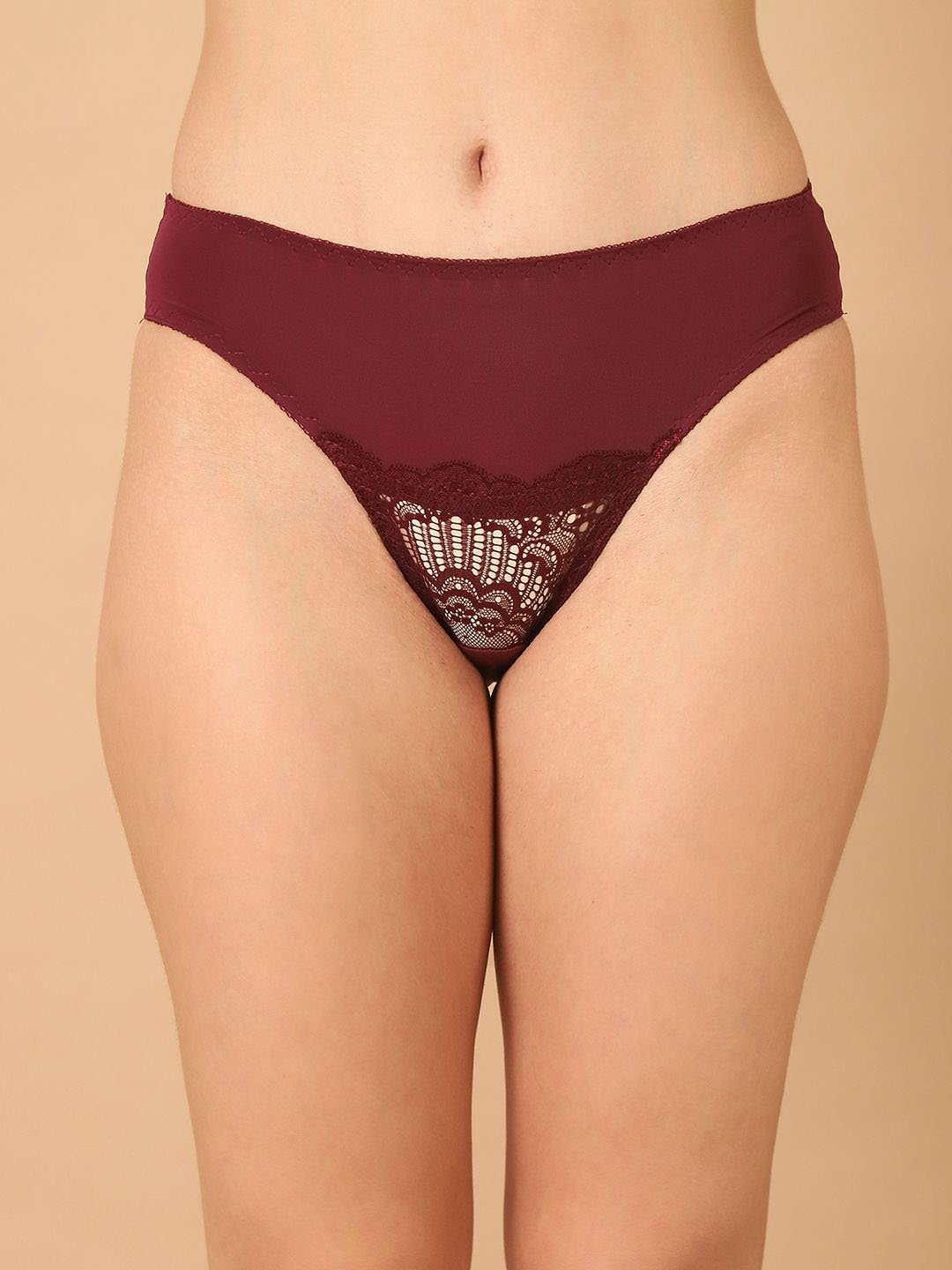 

PrettyCat Anti Bacterial Mid Waist Lace Bikini Briefs-PC-PA-7025-WHN-S, Burgundy