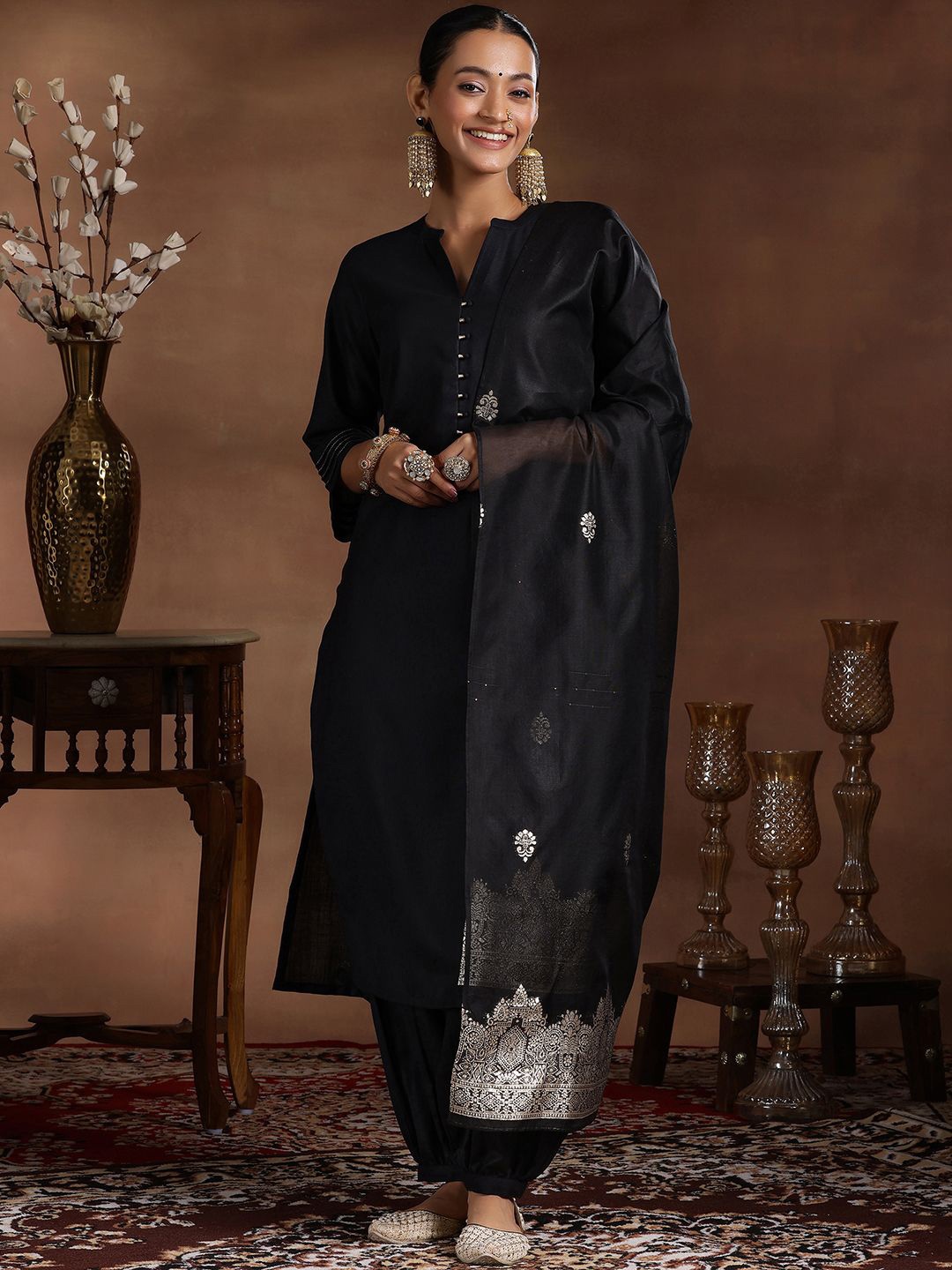 

Libas Mandarin Collar Straight Kurta With Salwar & Dupatta, Black