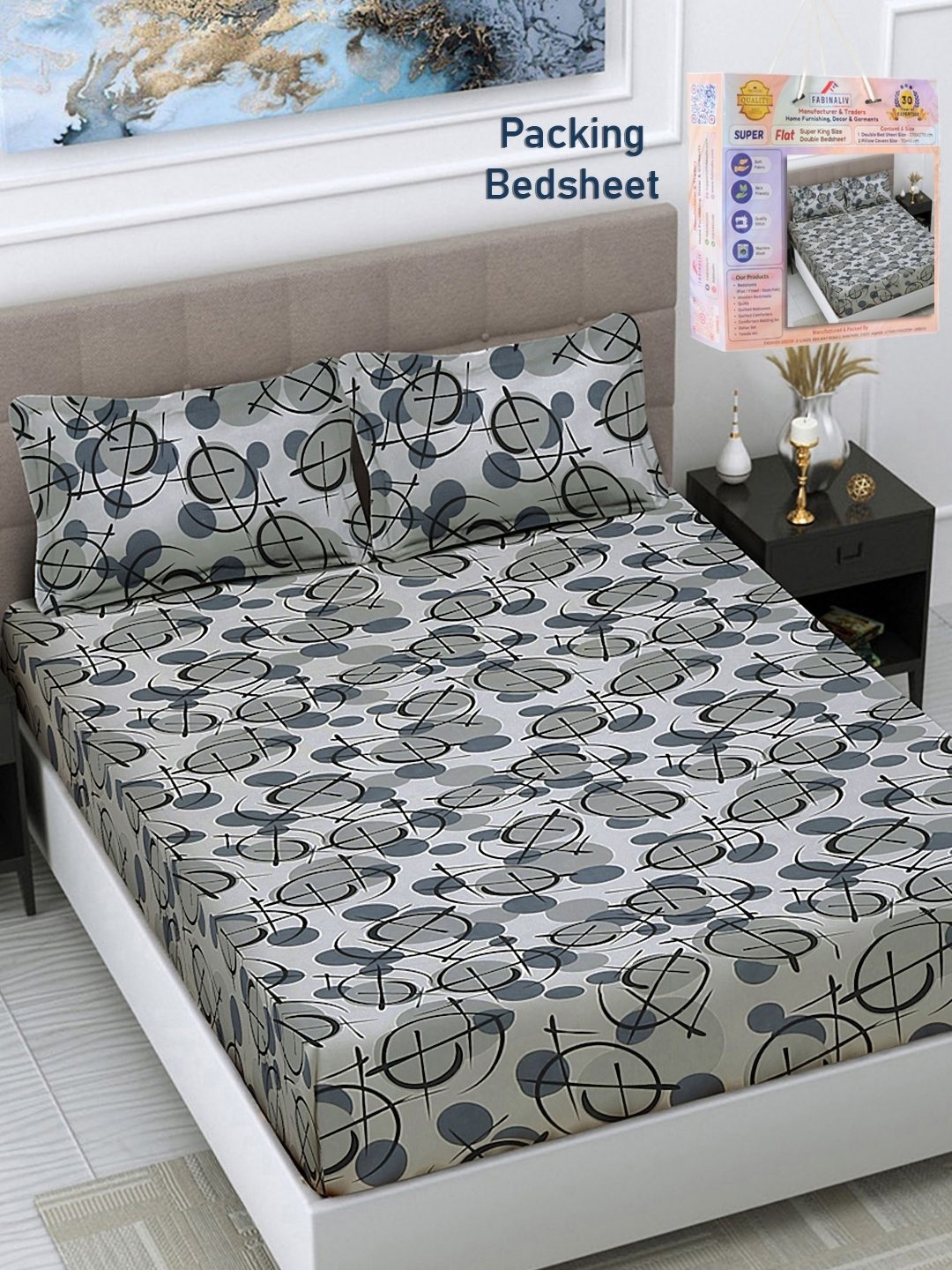 

FABINALIV Grey & Black Abstract 300 TC King Bedsheet With 2 Pillow Covers