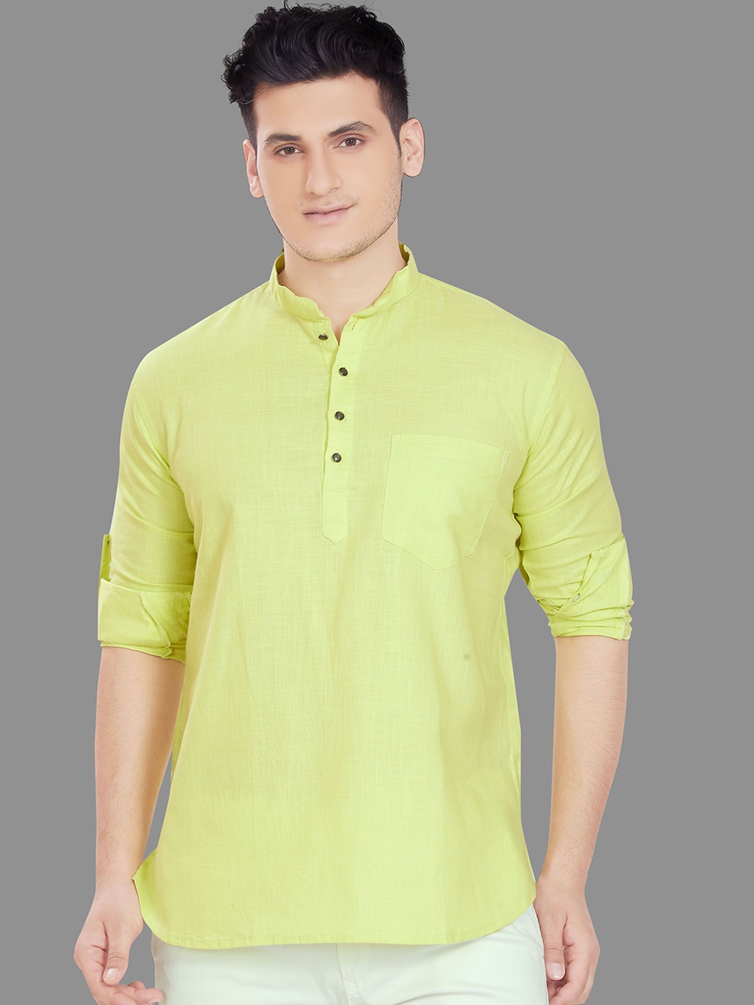 

DIVISIVE Mandarin Collar Roll-Up Sleeves Pure Cotton Straight Short Kurta, Yellow