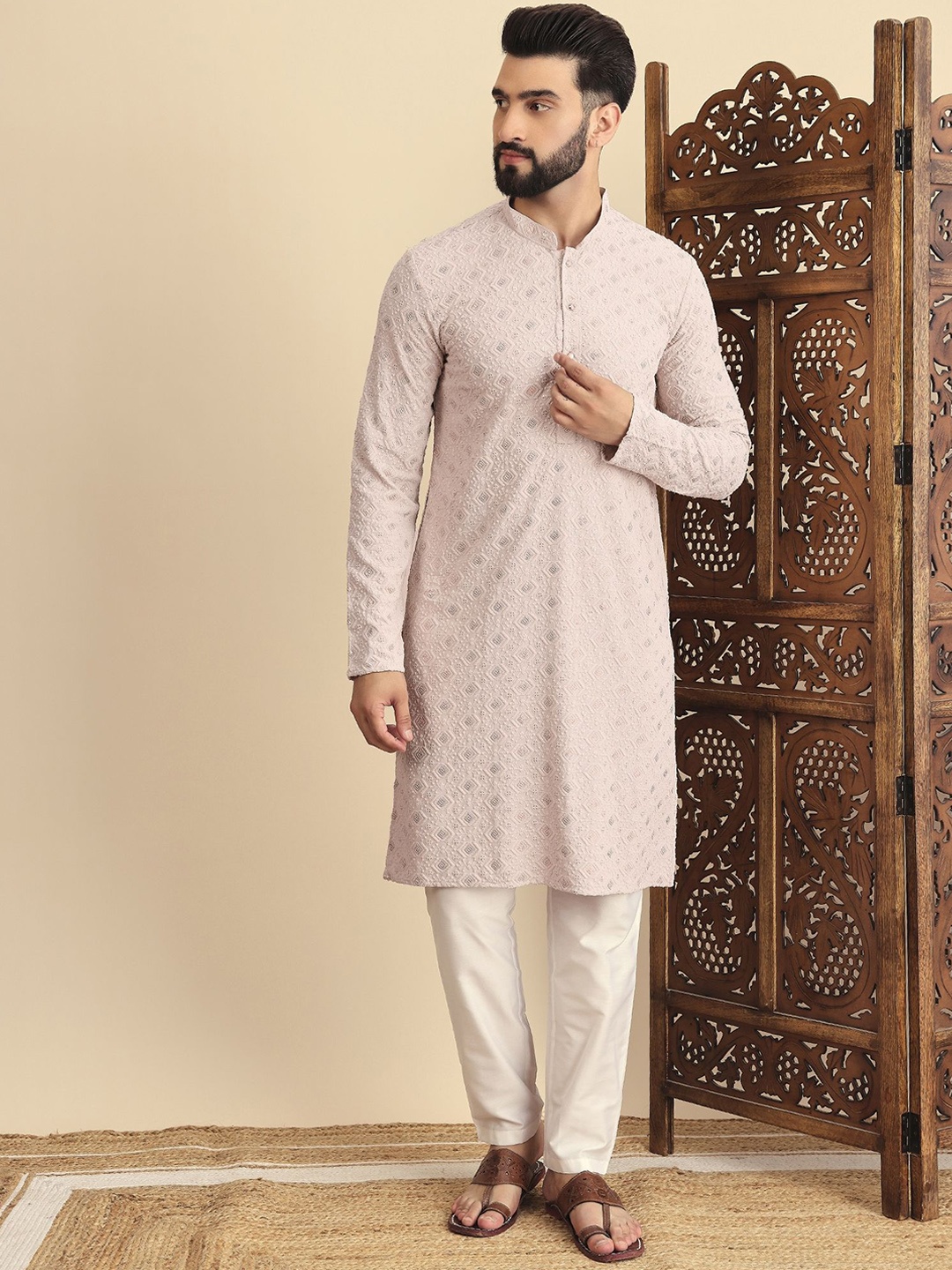 

House of Pataudi Embroidered Straight Kurtas, Off white