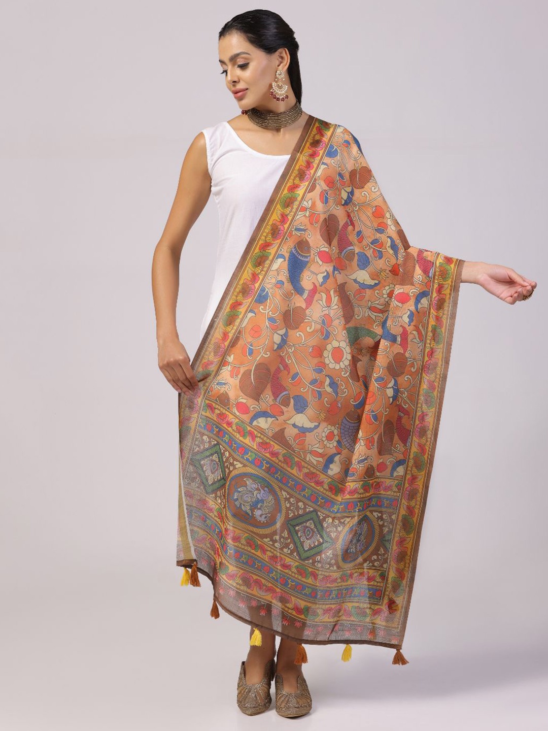 

Kaizen TEXO FAB Floral Printed Zari Dupatta, Brown