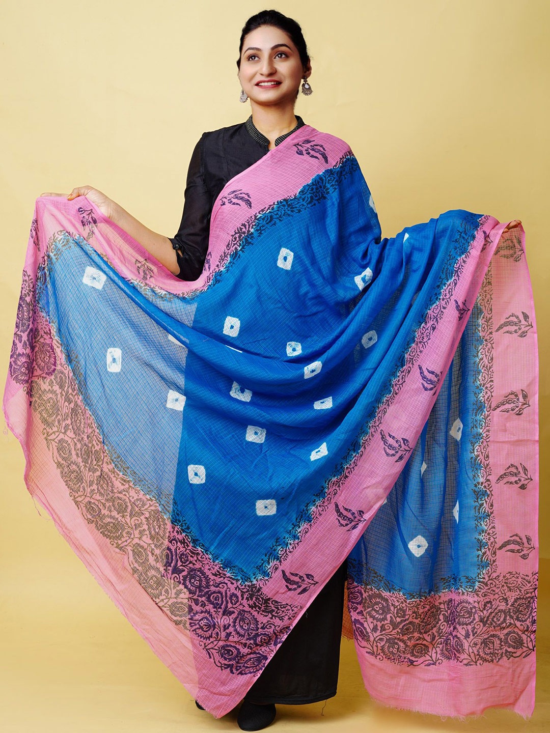 

Unnati Silks Bandhani Dyed Cotton Silk Block Printed Kota Dupatta, Blue