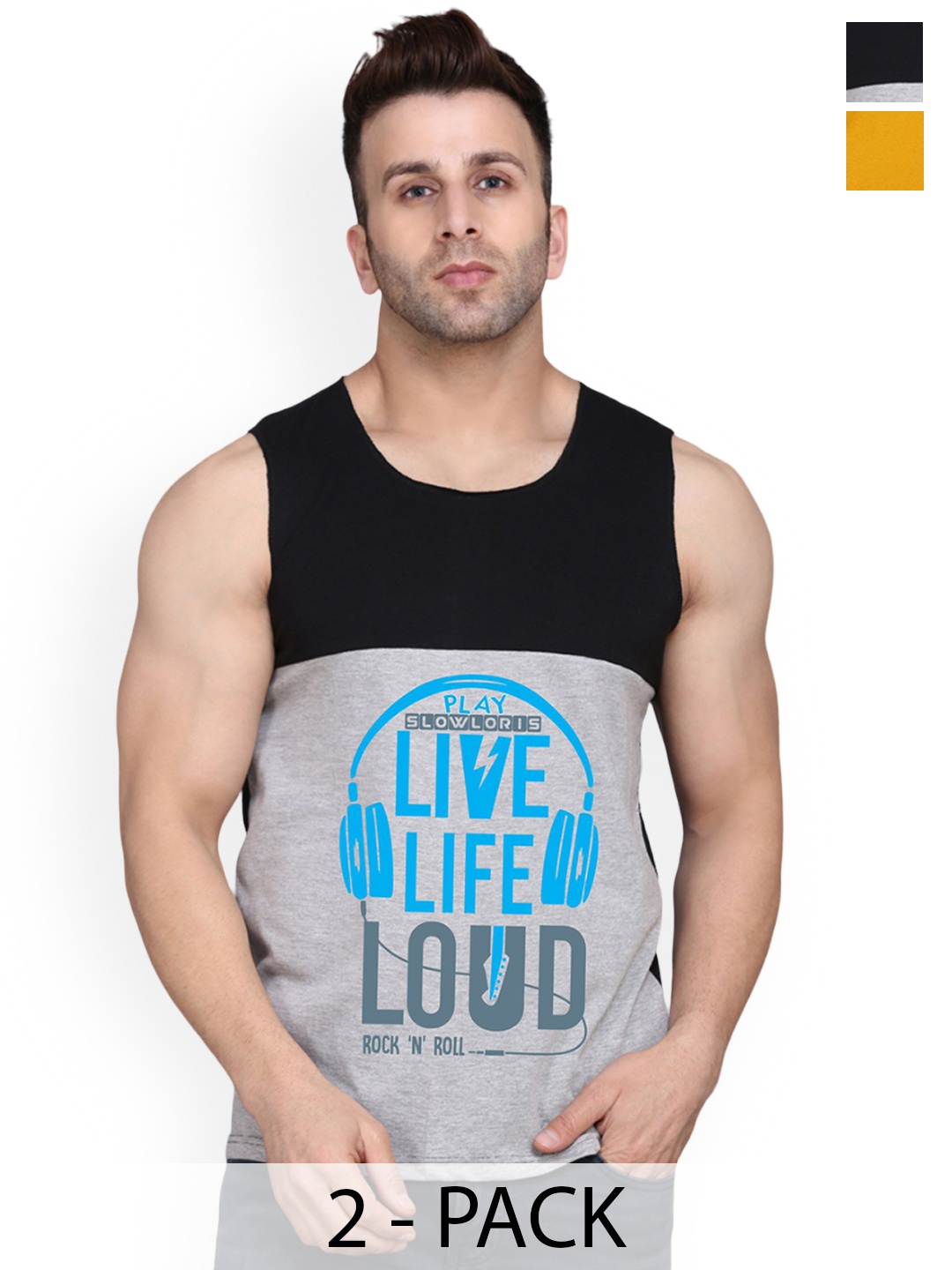 

SLOWLORIS Pack Of 2 Printed Gym Innerwear Vests, Black
