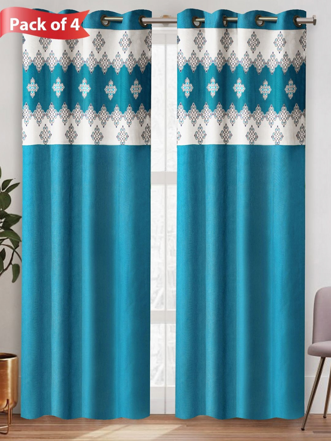 

Aura Blue & White Set of 4 Geometric Room Darkening Door Curtains