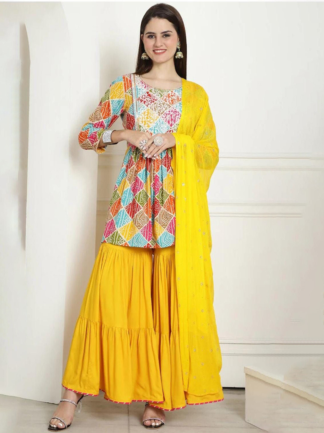 

KALINI Geometric Printed Sequins A-Line Kurta, Mustard