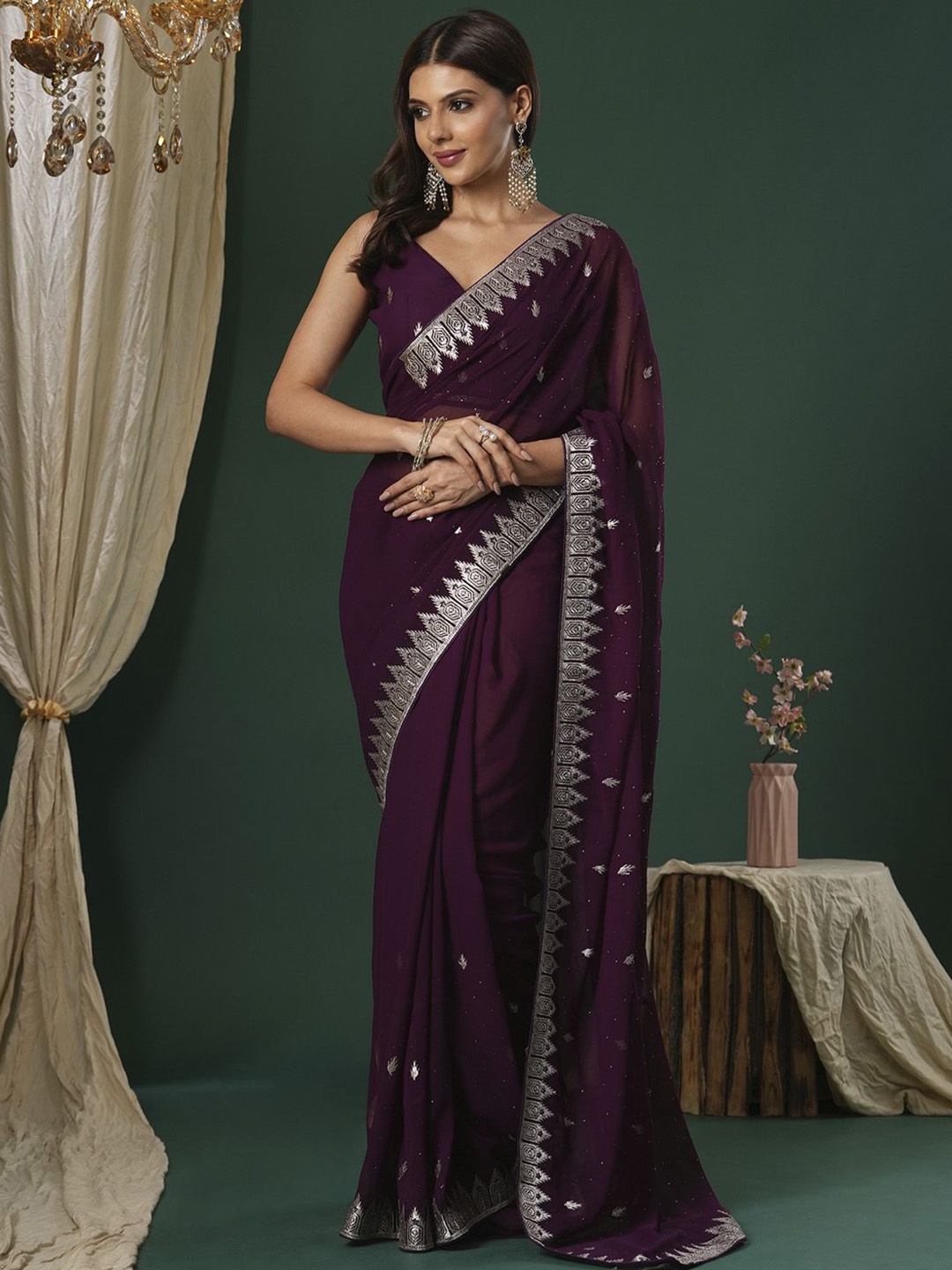 

Saree mall Embellished Beads and Stones Sarees, Magenta