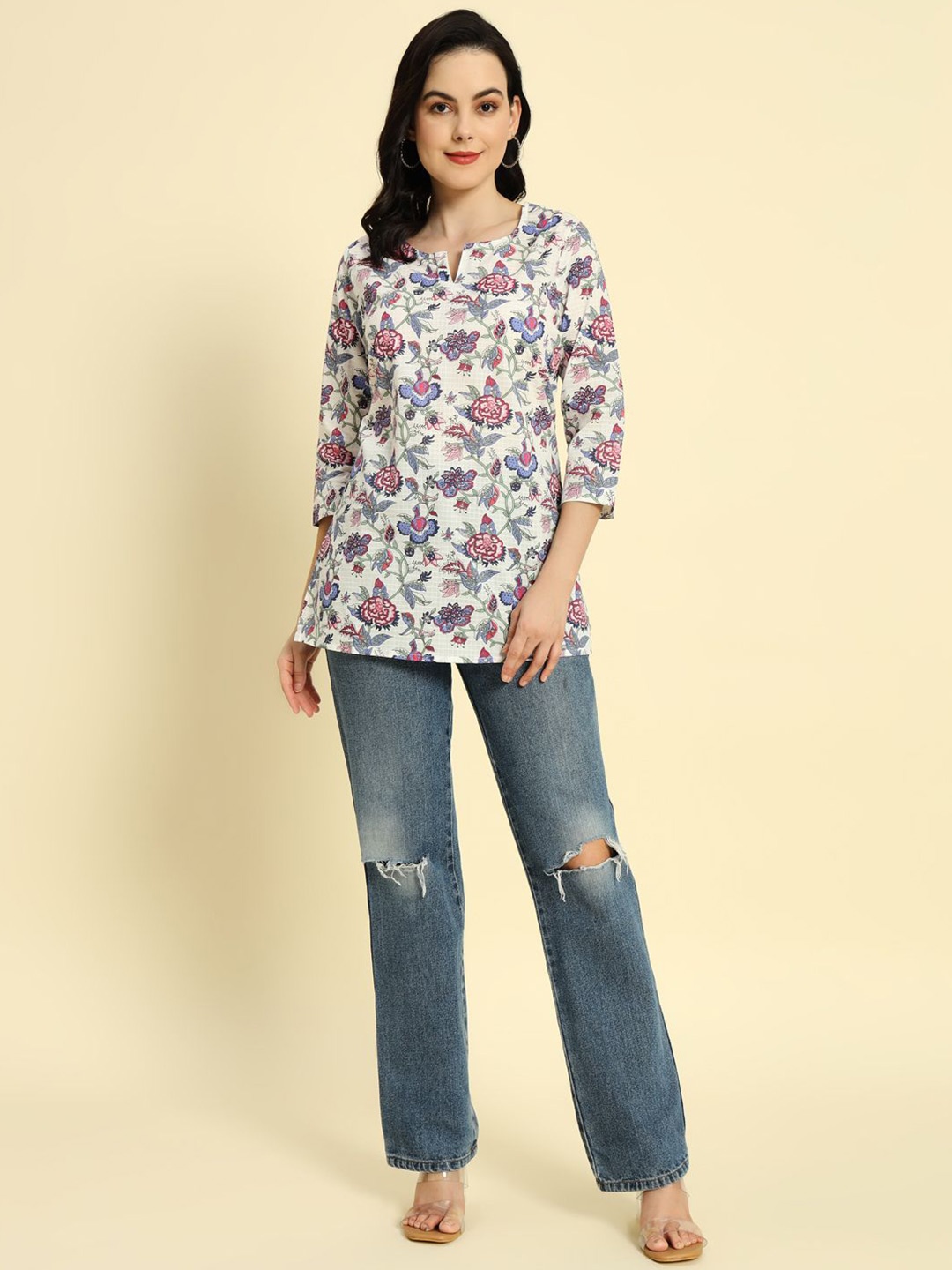

HERE&NOW Ethnic Motifs Printed V-Neck Pure Cotton Short Kurti, White