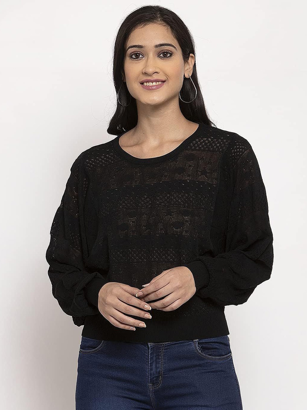 

Global Republic Women Self Design Round Neck Top, Black