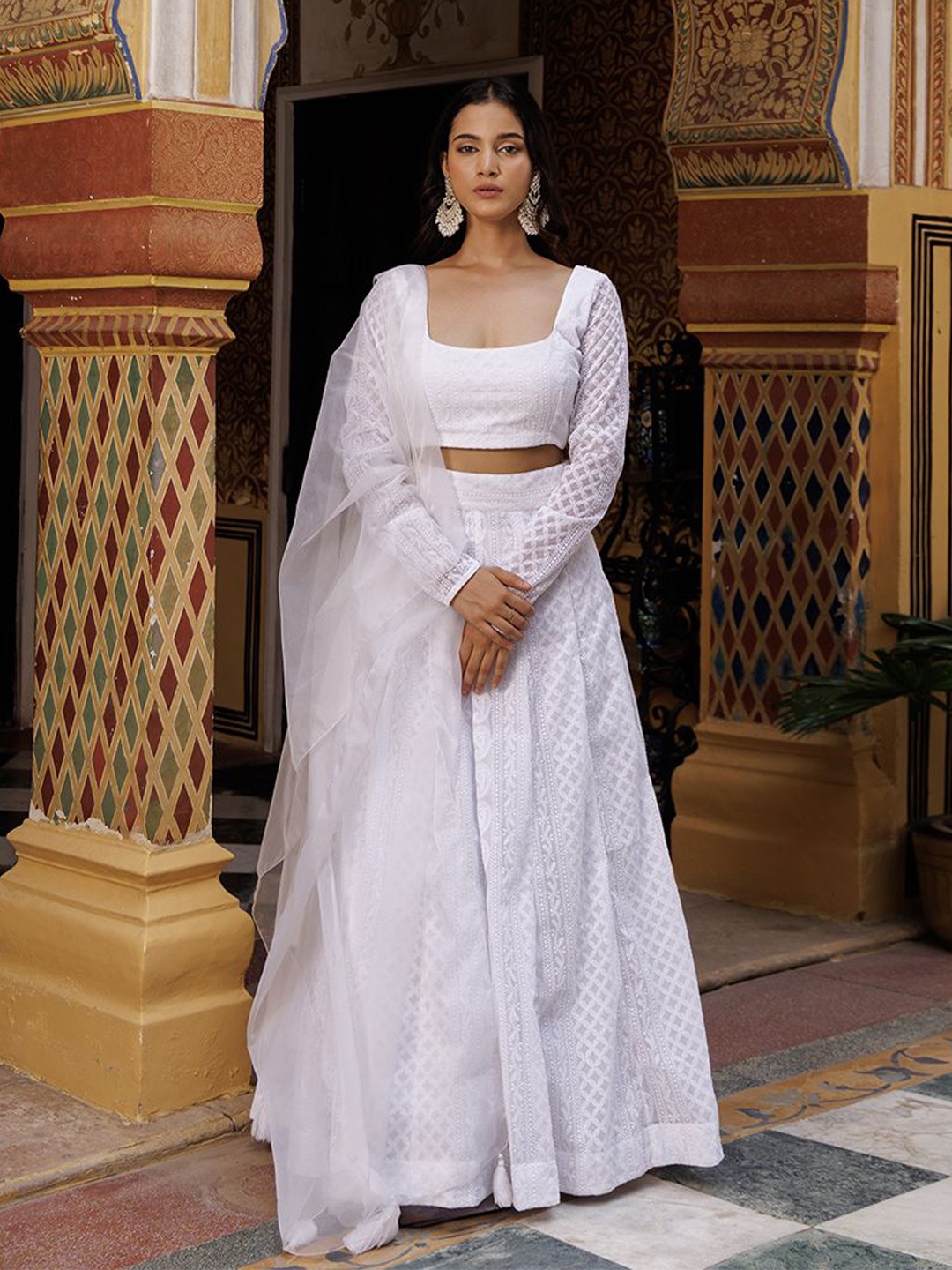 

Ragavi Embroidered Chikankari Ready to Wear Lehenga & Blouse With Dupatta, White