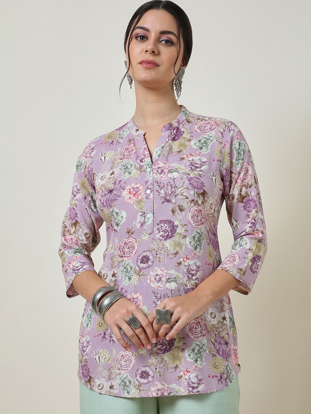 

Soch Mandarin Collar Printed Tunic, Purple