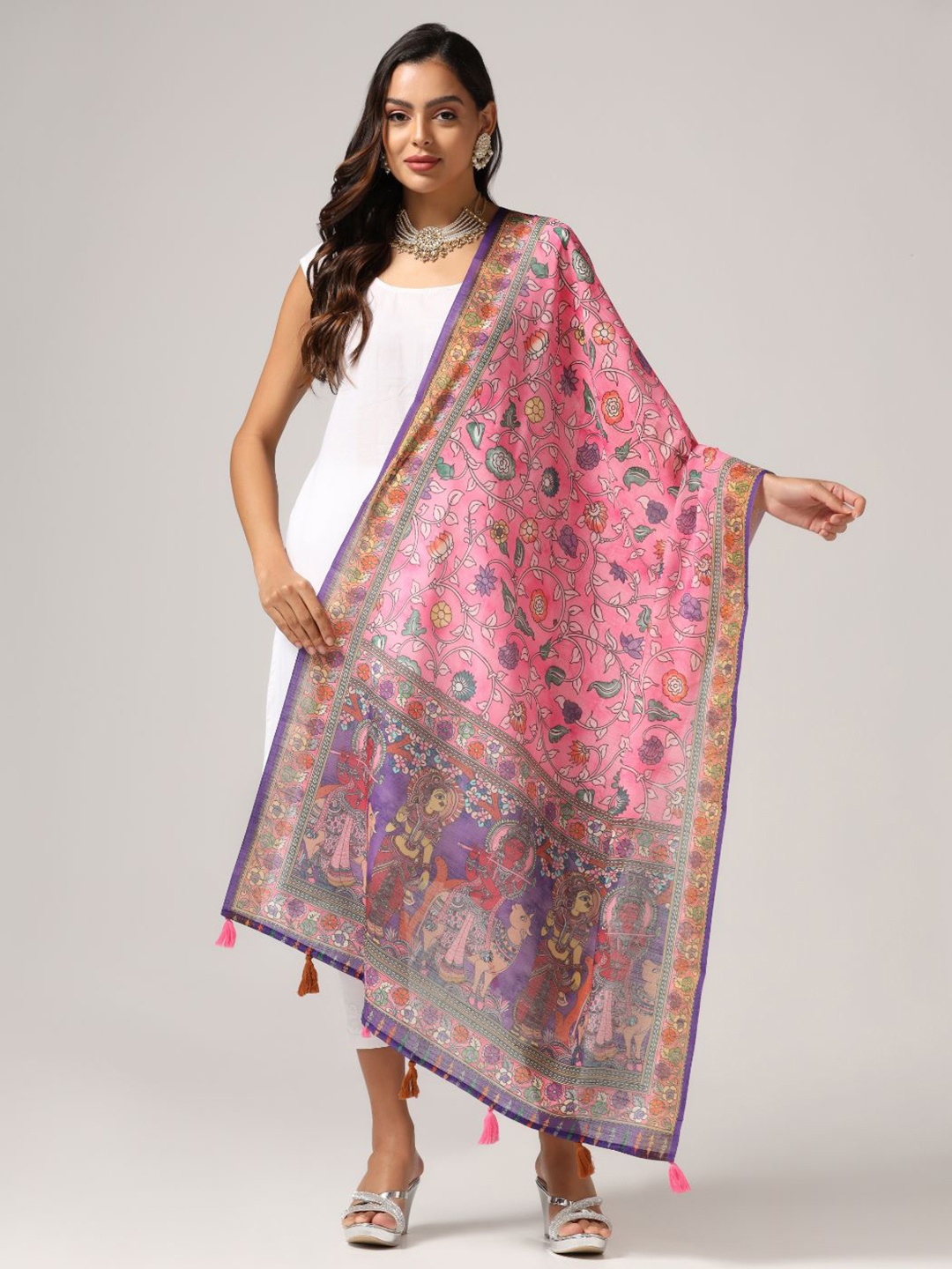 

Kaizen TEXO FAB Ethnic Motifs Printed Linen Kalamkari Dupatta, Pink