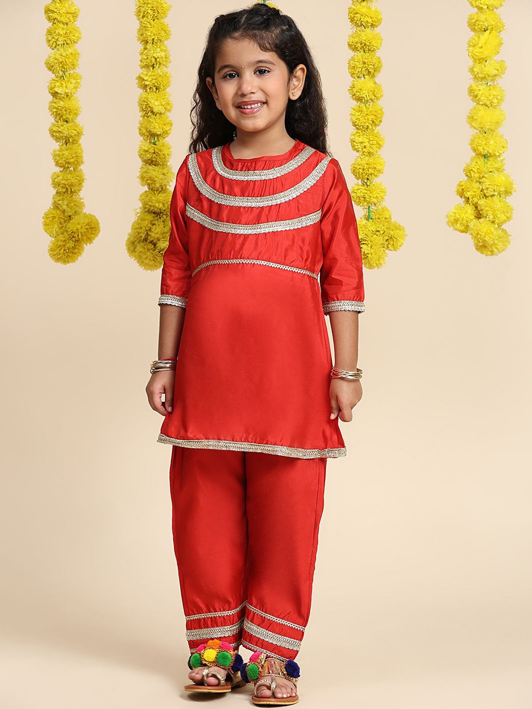 

Cutiekins Girls Embroidered Empire Gotta Patti A-Line Kurta With Palazzos, Red