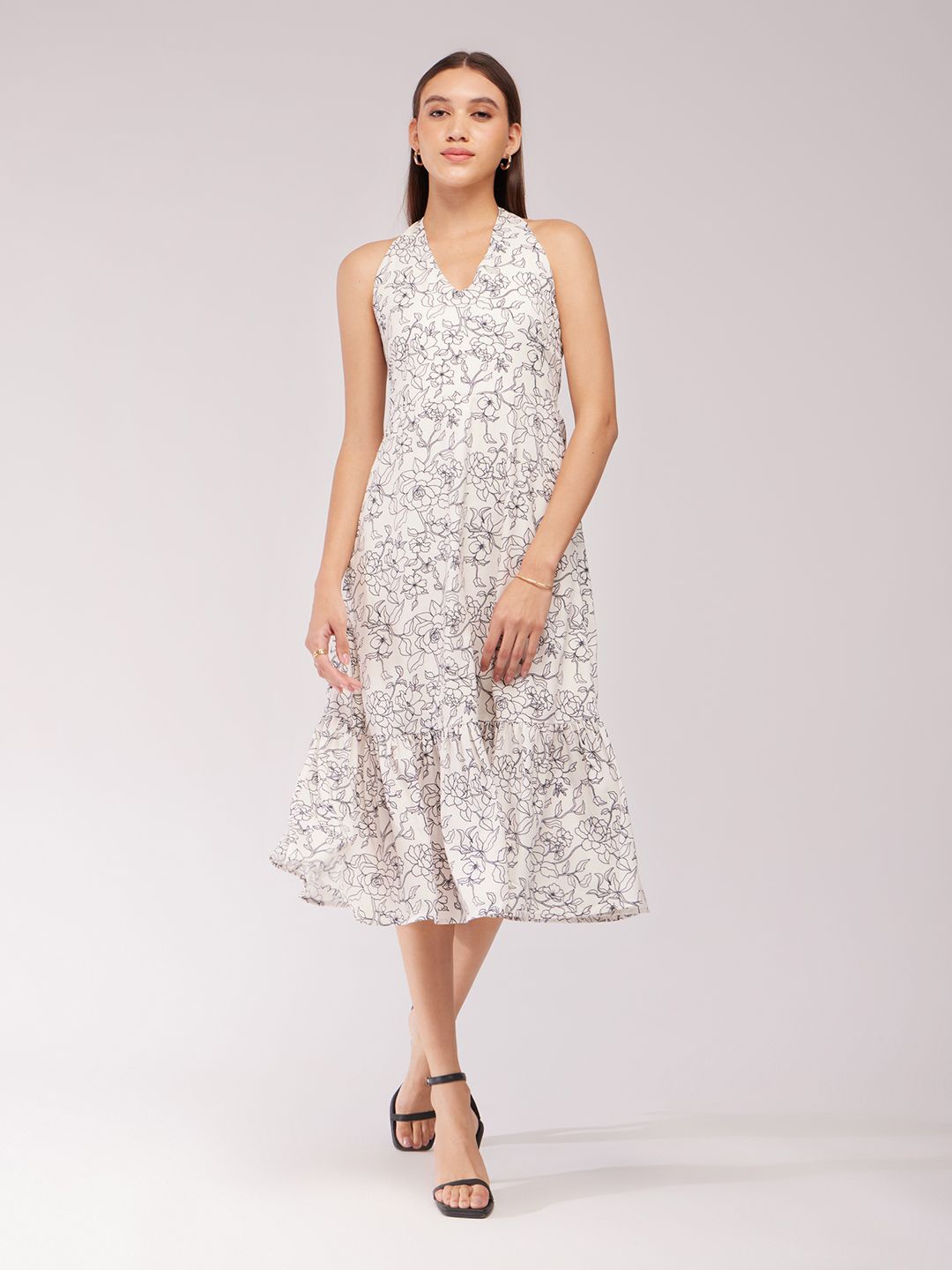 

FableStreet Floral Printed Halter Neck A-Line Midi Dress, Off white