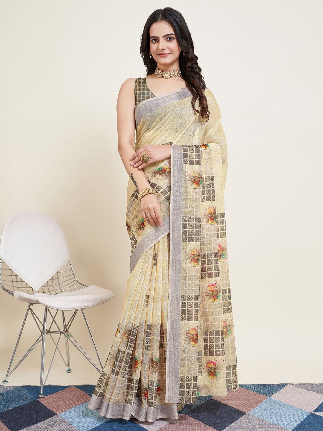 

SHOBHA SAREES Floral Silk Cotton Saree, Beige