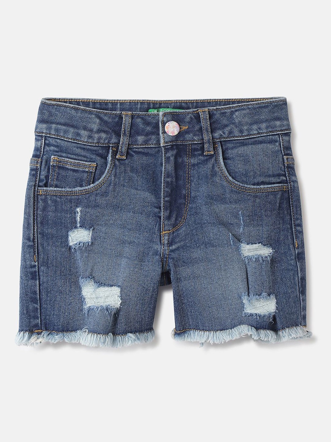 

United Colors of Benetton Solid Girls Washed Denim Shorts, Blue