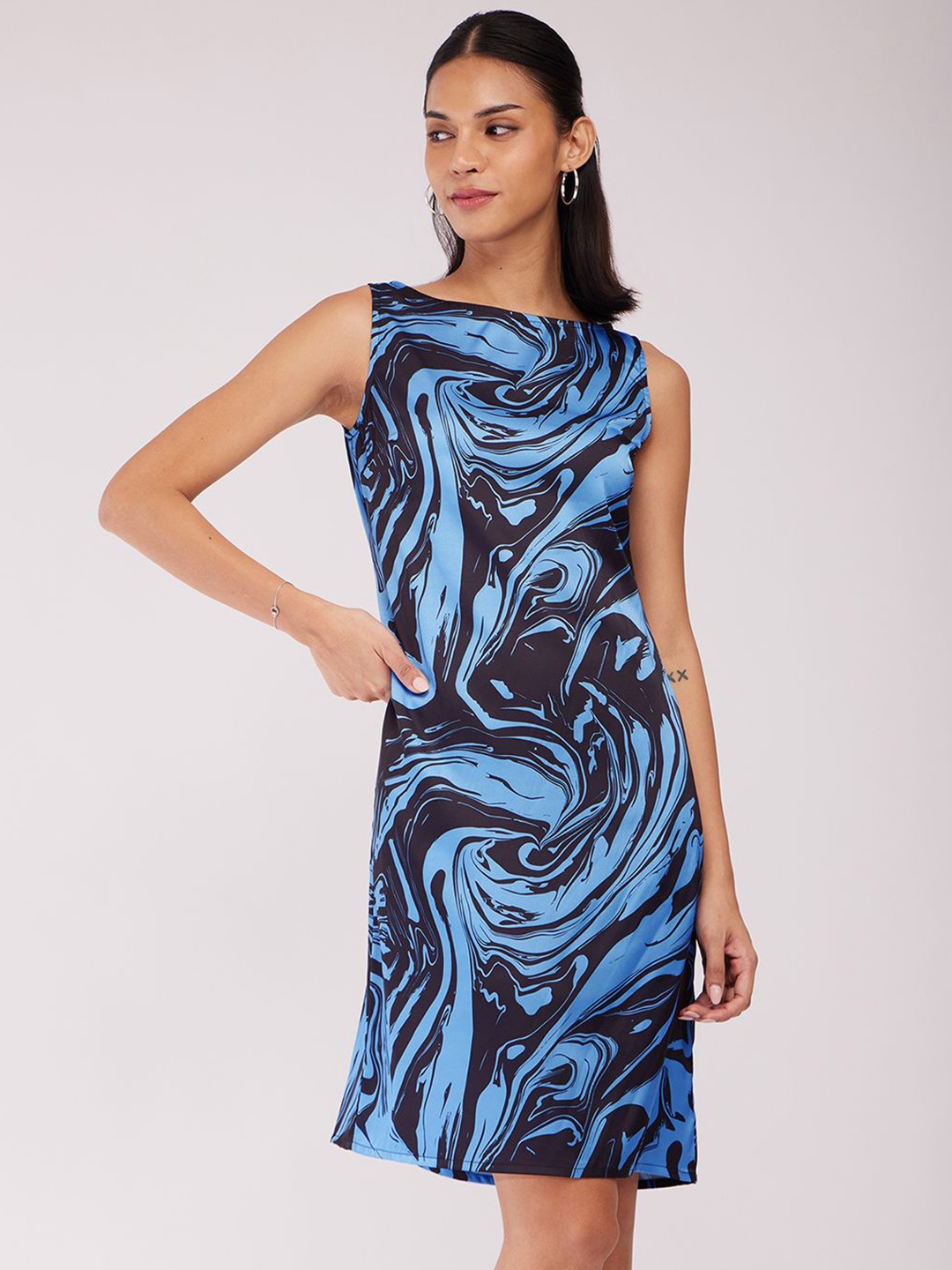 

FableStreet Printed Boat Neck Satin Sheath Dress, Blue