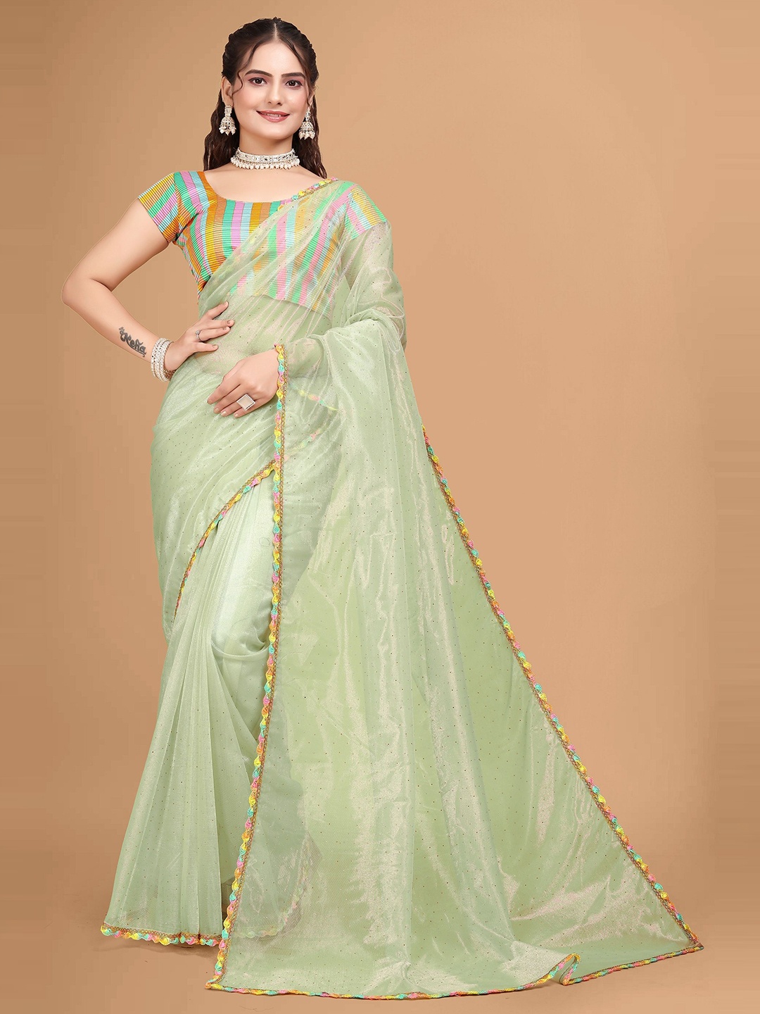 

JSItaliya Embellished Beads and Stones Net Saree, Green