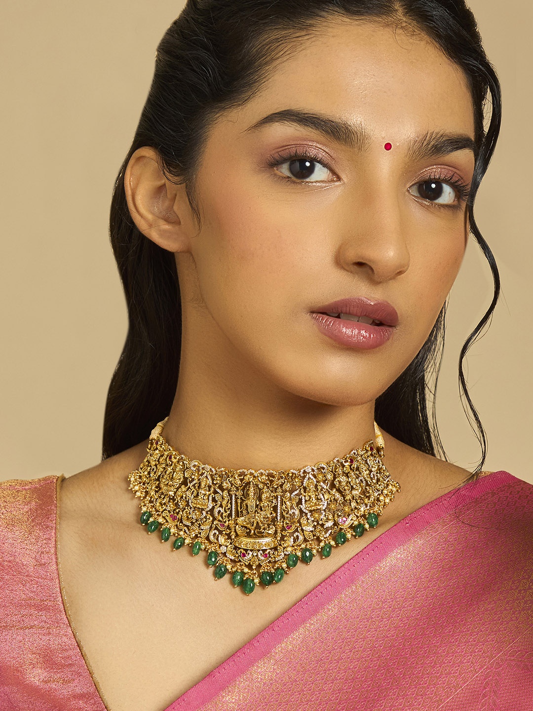 

Kushal's Fashion Jewellery Gold-Plated Stone-Studded & Beaded 925 Silver Temple Necklace