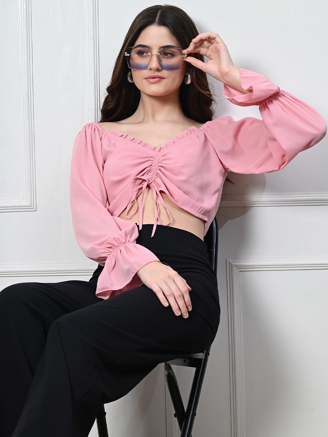 

PANDORNA Women Solid Ruched V-Neck Top, Pink