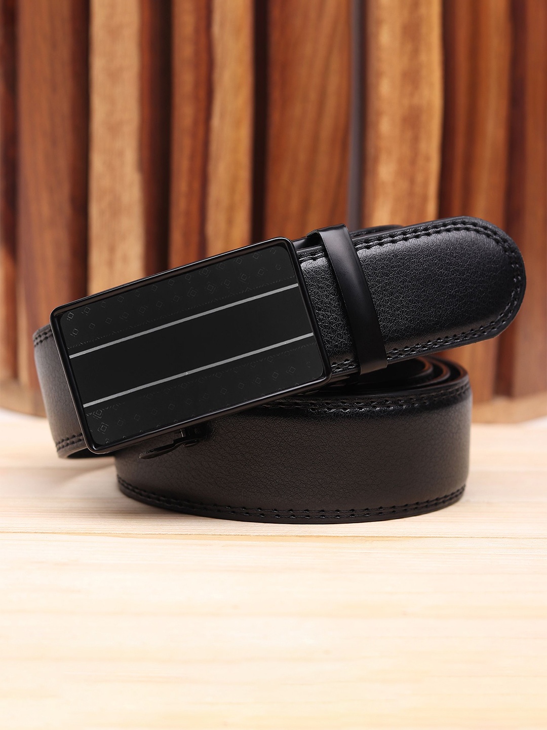 

WINSOME DEAL Men Slider Buckle Closure Textured Formal Belt, Black