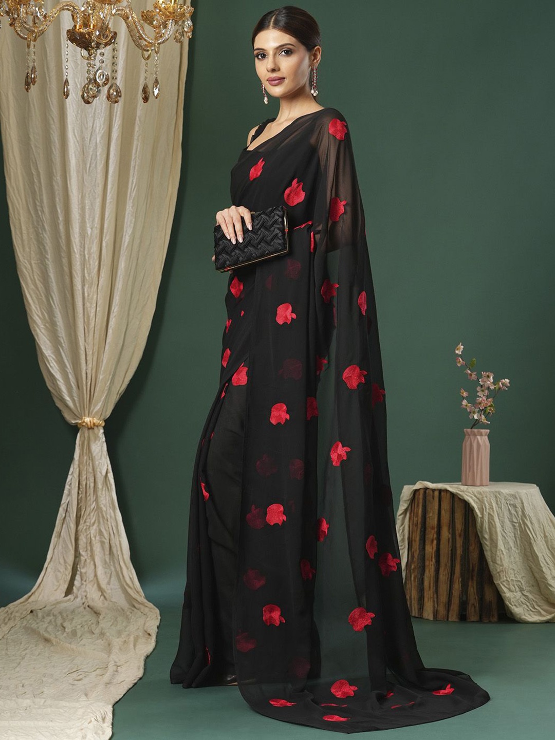 

Saree mall Embellished Beads and Stones Sarees With Blouse Piece, Black
