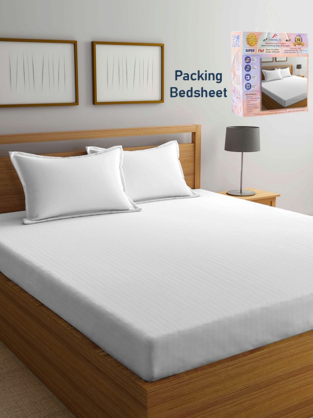 

FABINALIV White Striped 300 TC King Bedsheet with 2 Pillow Covers