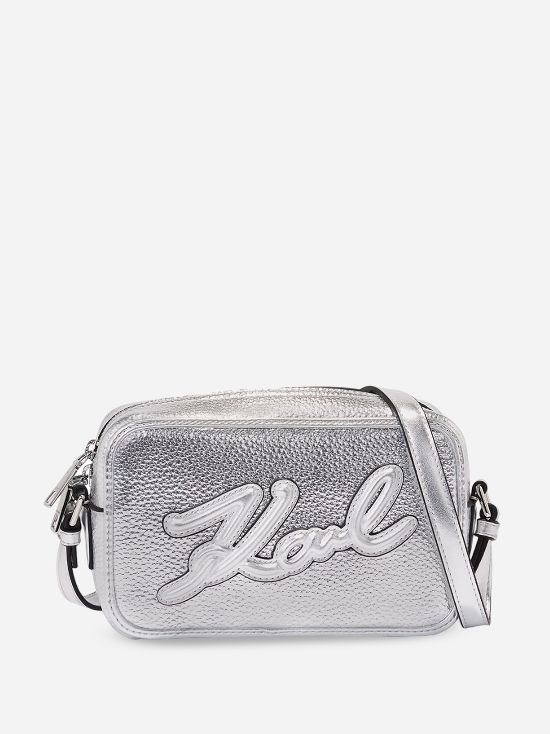 

Karl Lagerfeld Textured Structured Sling Bag with Cut Work, Silver