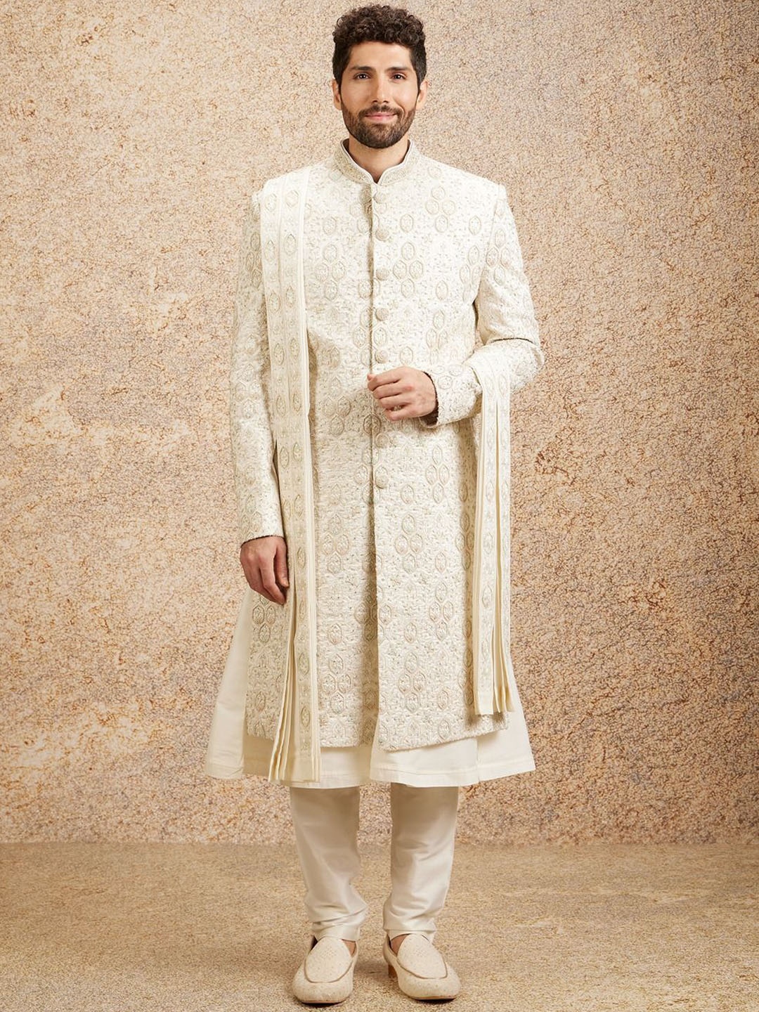 

Twamev Embroidery & Stone Work Sherwani Set, White