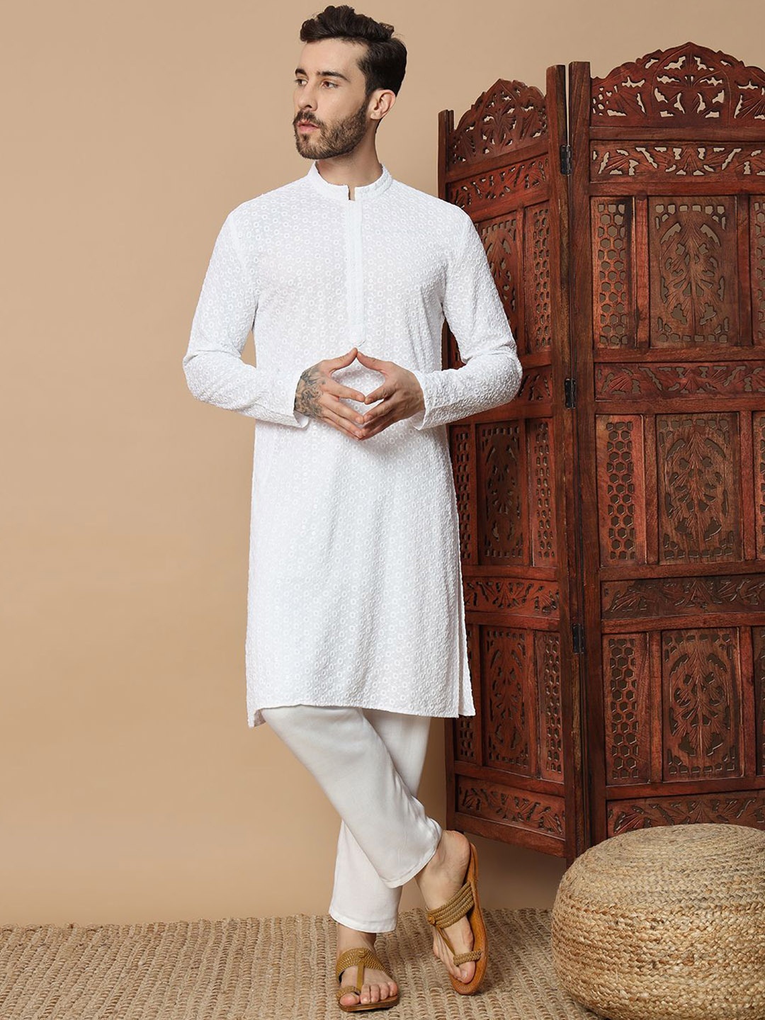 

GLITO Men Ethnic Motifs Regular Kurta with Pyjamas, White