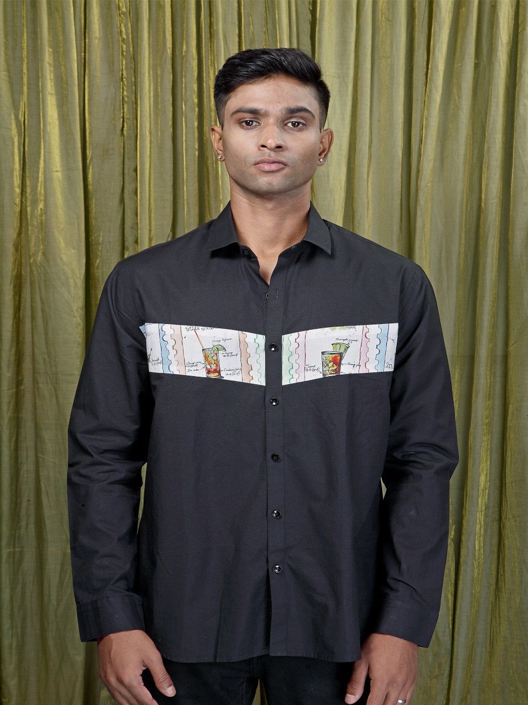

Felix Bendish Men Classic Spread Collar Abstract Printed Cotton Relaxed Fit Casual Shirt, Black