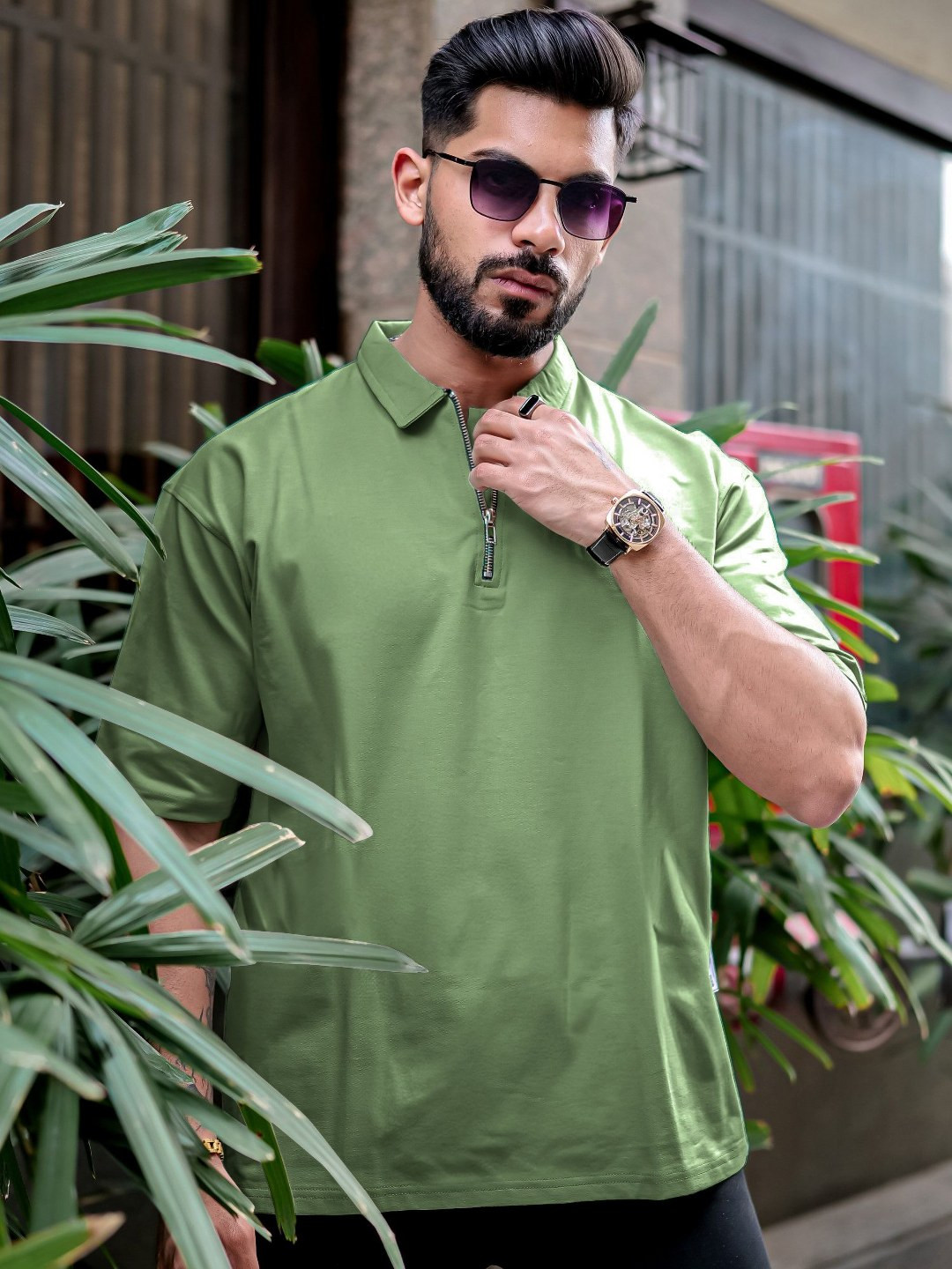 

Maniac Men Striped Polo Collar Pockets T-shirt, Green