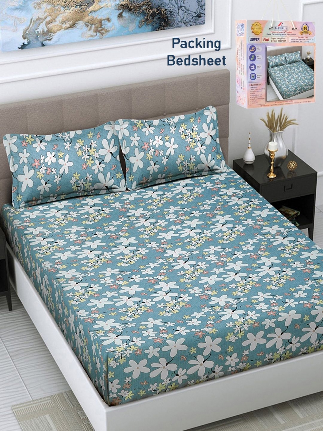 

FABINALIV Blue & White Floral 300 TC Double King Bedsheet With 2 Pillow Covers