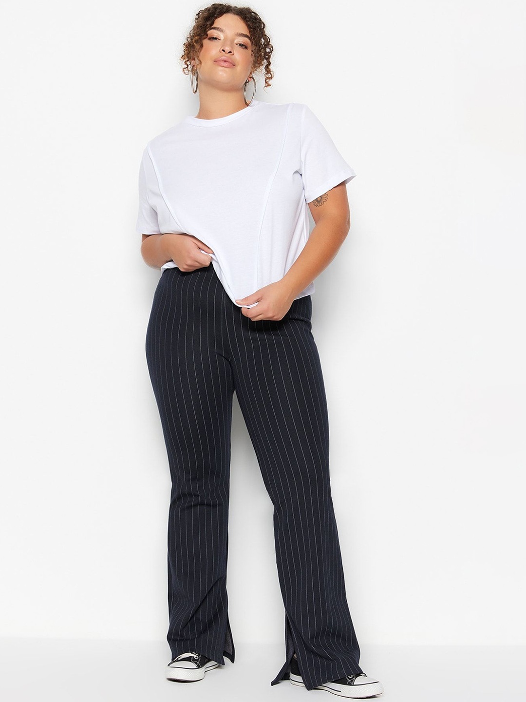 

Trendyol Women High Rise Striped Trousers, Black