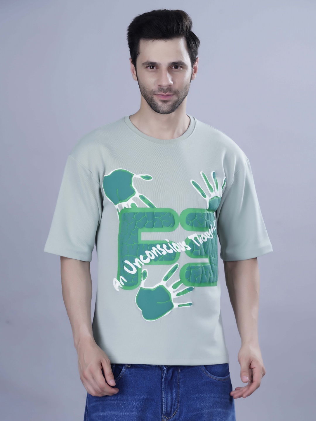 

FEVER HUNT Men Graphic Printed Round Neck Cotton Oversized T-Shirt, Green