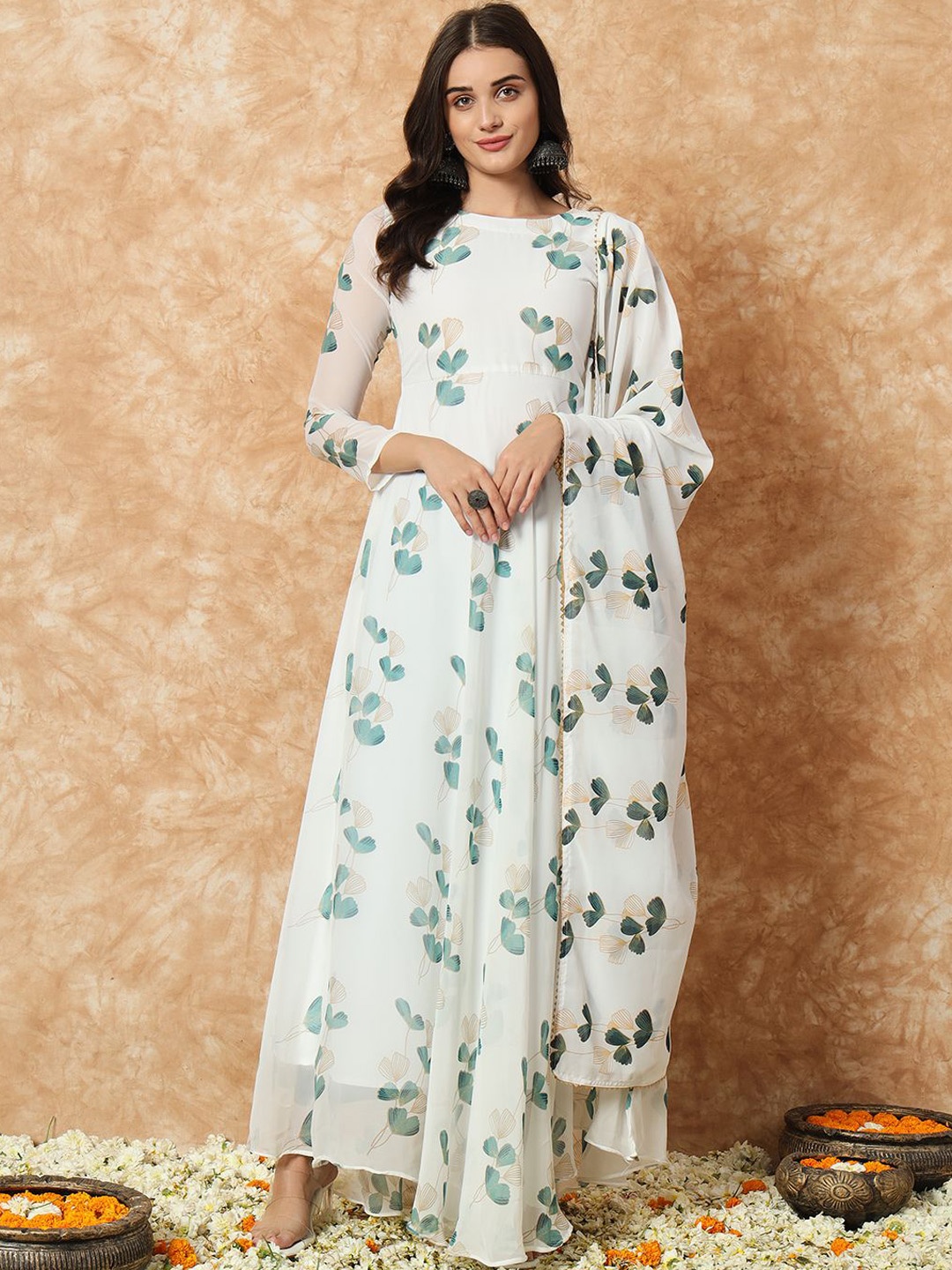 

KALINI Women Floral Printed Regular Kurta with Trousers & With Dupatta, White