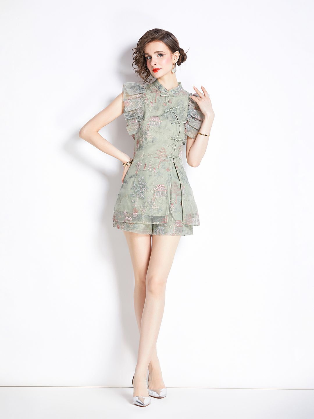 

JC Collection Floral Printed High Neck Flutter Sleeves Casual Top With Shorts, Green