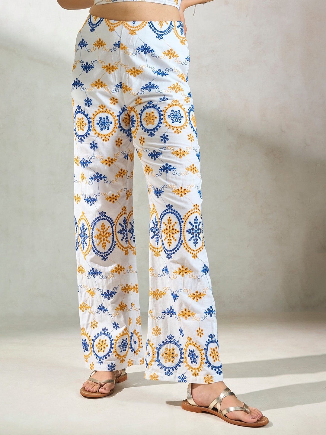 

Virgio Women Embroidered Cotton Full Length Trouser, White
