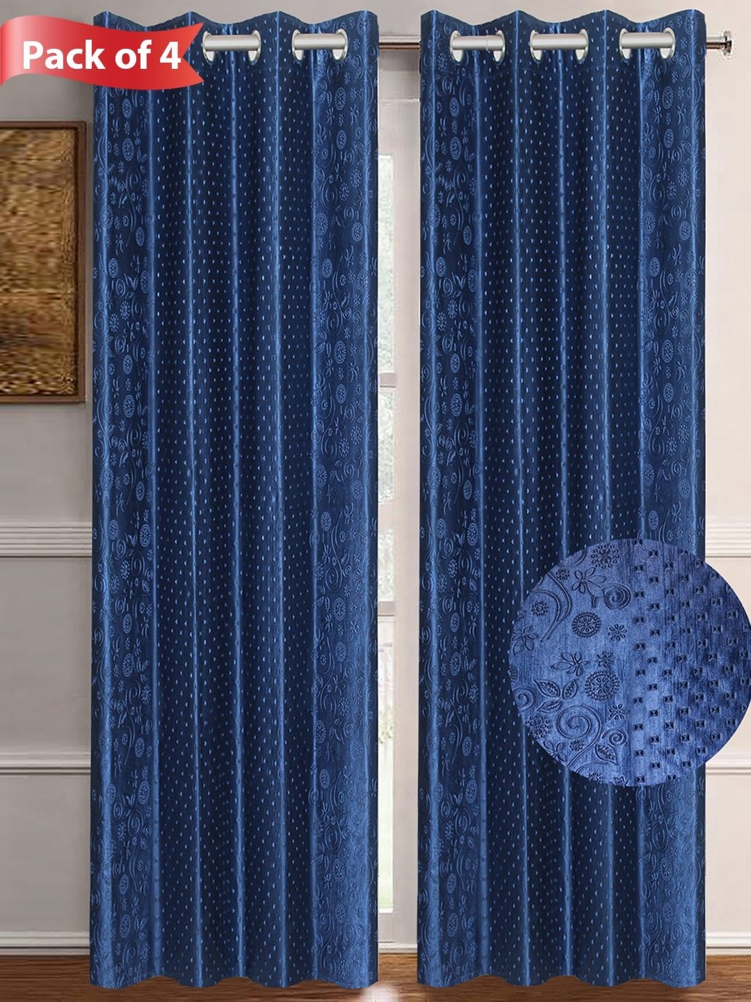 

Aura Blue Set of 4 Floral Long Door Curtains