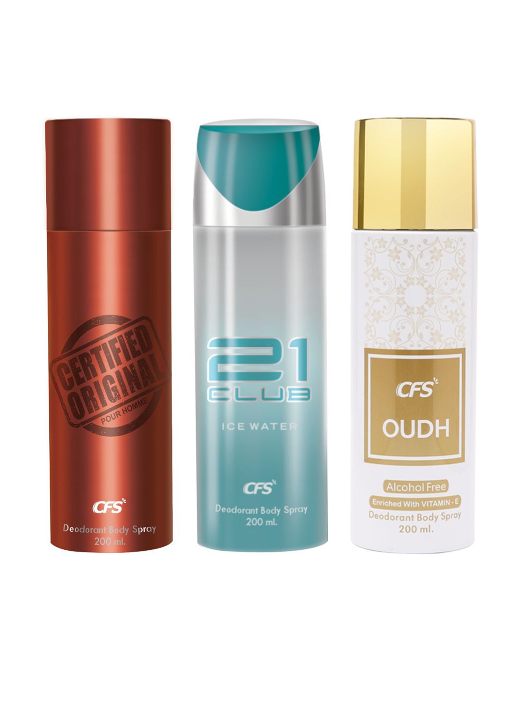 

CFS 3Pcs Deodorants Body Spray- 21 Club Ice Water + Certified Original + Oudh - 200ml Each, Blue