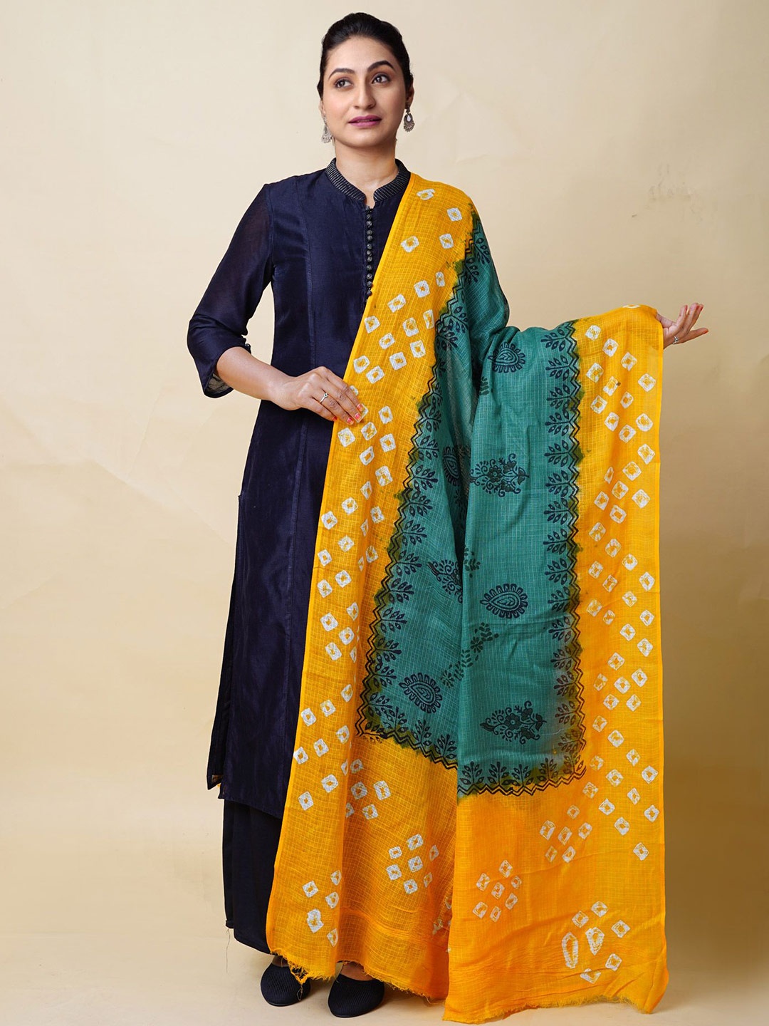 

Unnati Silks Dyed Cotton Silk Bandhani Block Printed Kota Dupatta, Green