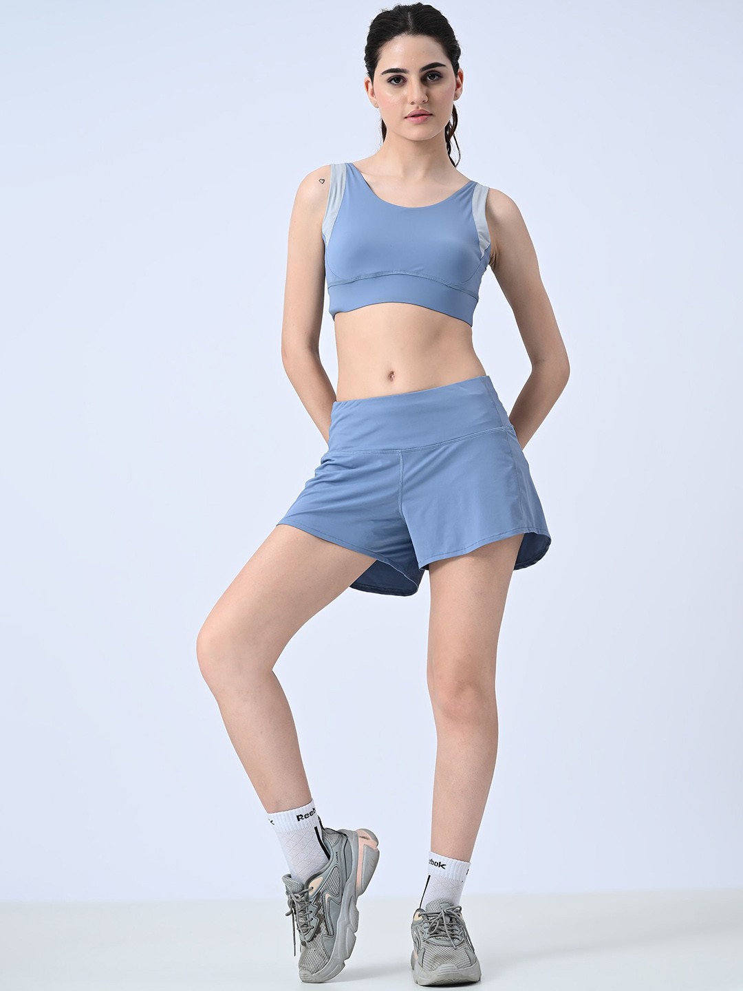 

PANDORNA Solid Blue Crop Top With Shorts Tracksuit Set