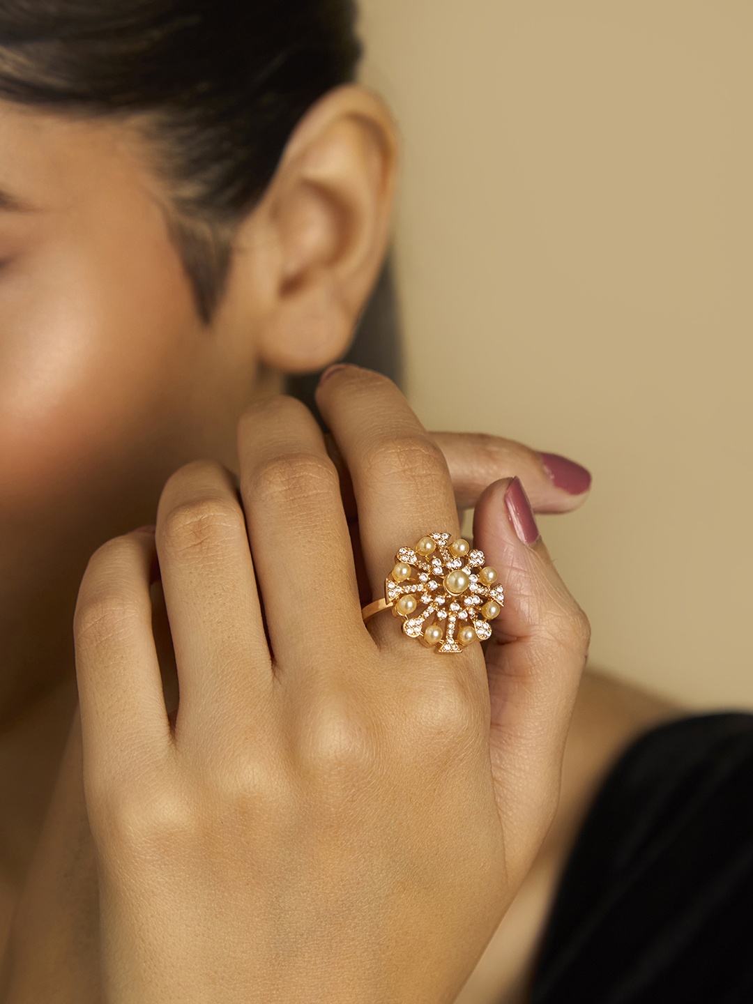 

Kushal's Fashion Jewellery Gold-Plated Cubic Zirconia Stone-Studded Adjustable Finger Ring