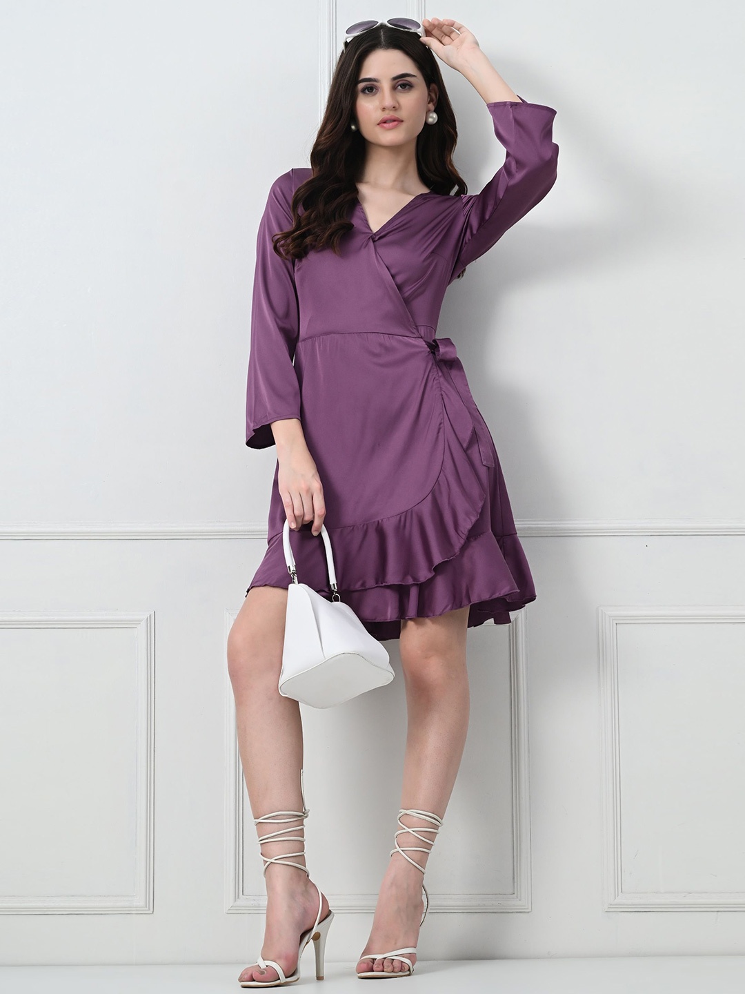 

PANDORNA Three Quarter Sleeve V-Neck Polyester Flounce Dress, Purple