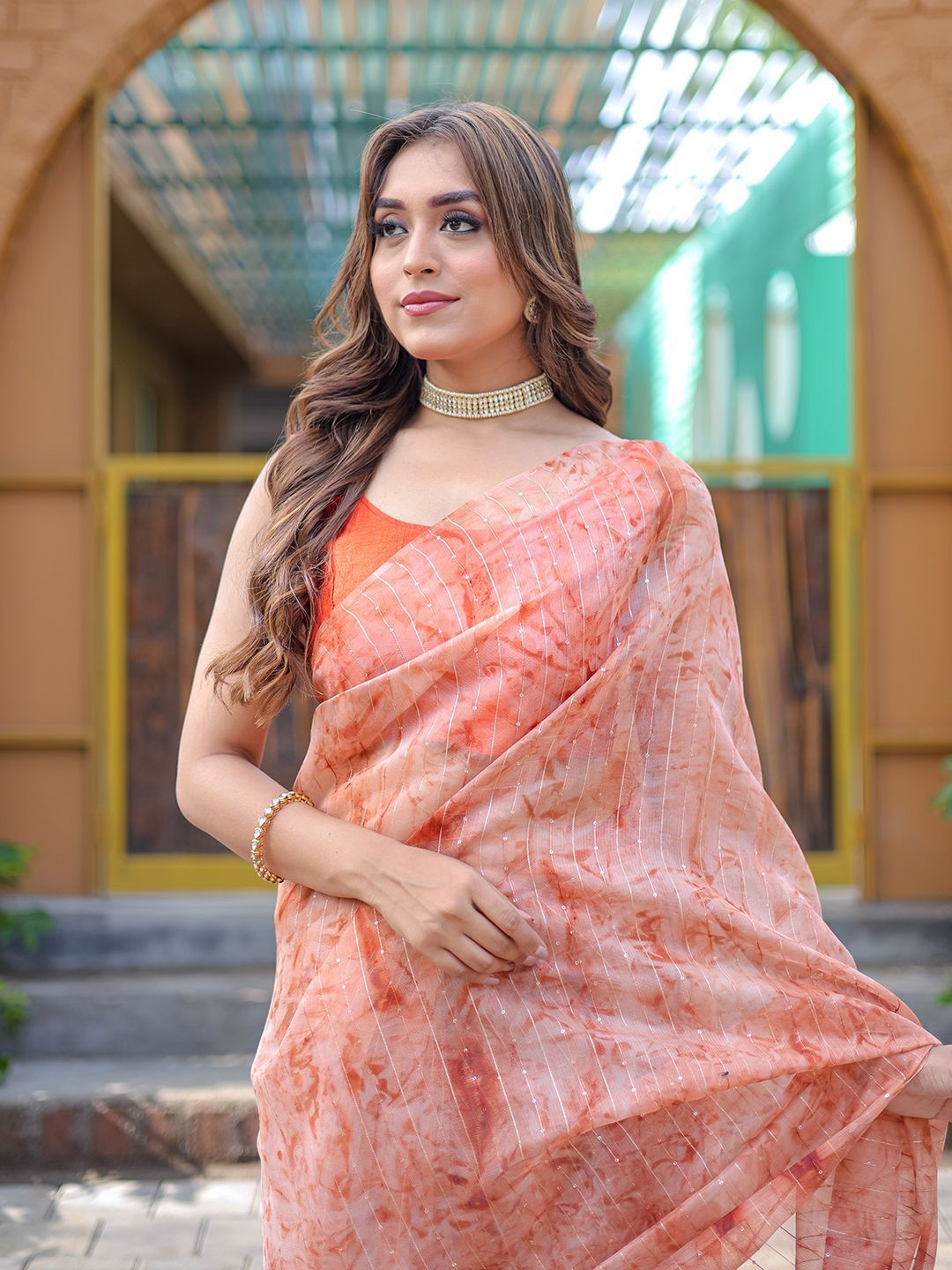 

SAREESBYCHIRAG Floral Sequinned Organza Saree, Orange
