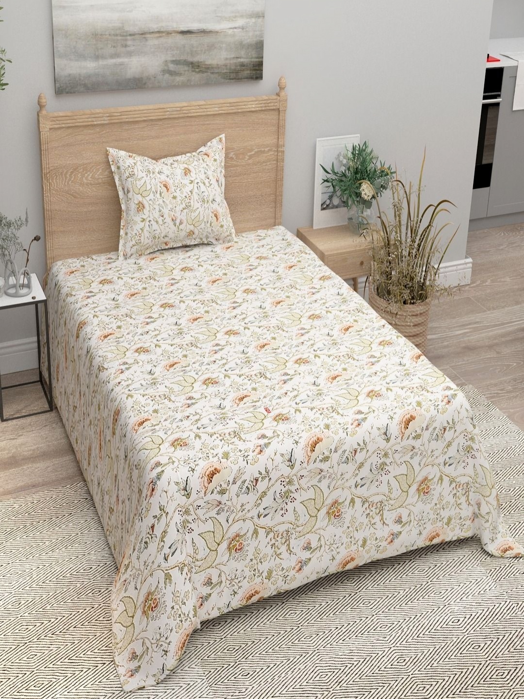 

Bombay Spreads Orange Floral 144 TC Pure Cotton Single Bedsheet with 1 Pillow Cover